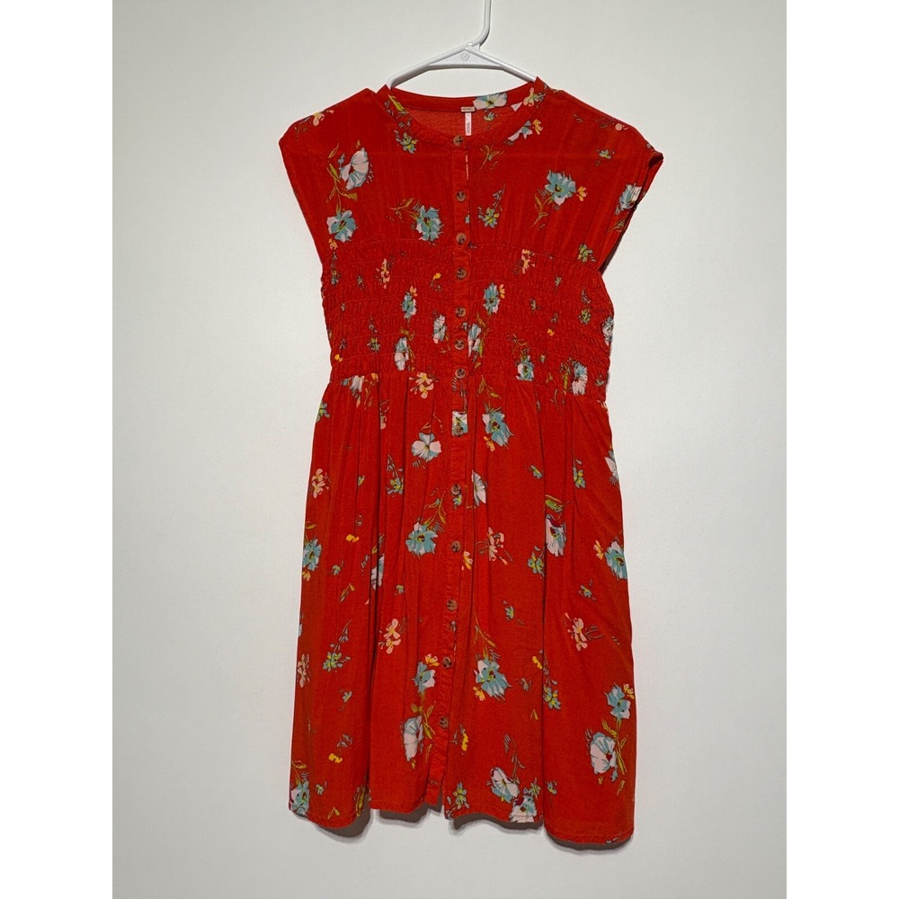 Free People Women Size S Orange Floral Smocked Button Greatest Day Mini Dress - Picture 1 of 7
